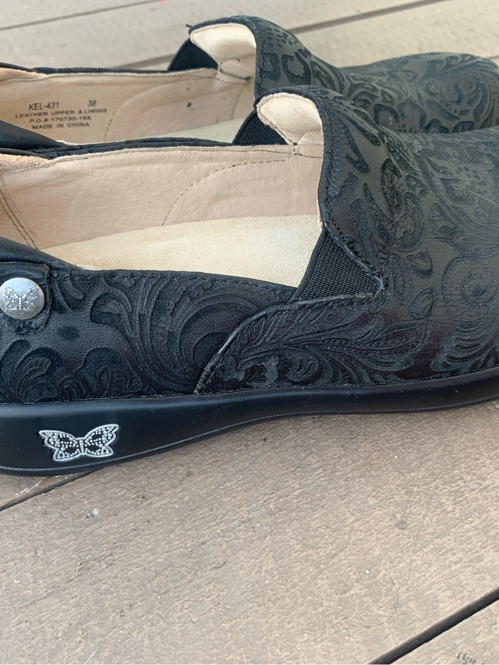 Alegria Black Embossed Slip-On Loafer with Butterfly Accent